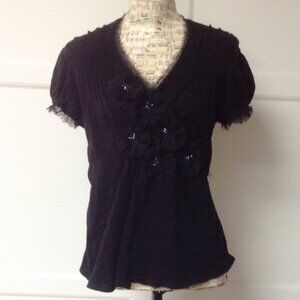 INC Black V-Neck Embellished Top with Tulle Detailing | International Concepts